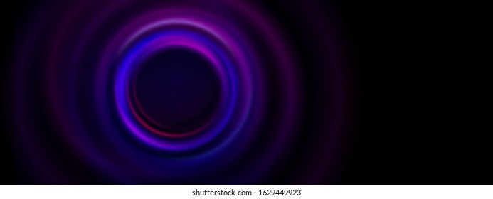 Vortex, swirl, dark ripple. Dark soft circles vector horizontal abstract background. Circular glow lights, rings in blue and pink colors isolated on black background. Water ripple vector illustration.