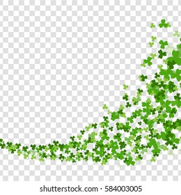 Vortex swirl green clover. Greeting happy St. Patrick's day. Green clover random falling on transparent background. Vector illustration. Irish sign and symbol of luck