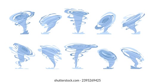 vortex tornado set. cartoon flat spiral cyclone windstorms funnels, catastrophe stormy destruction windy weather twists. vector cartoon minimalistic items collection.