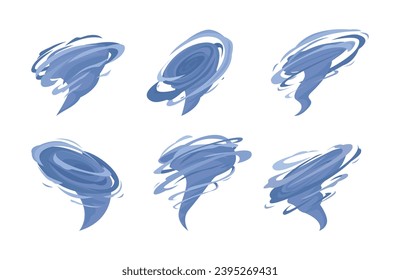 vortex tornado set. cartoon flat spiral cyclone windstorms funnels, catastrophe stormy destruction windy weather twists. vector cartoon minimalistic items collection.