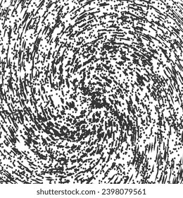 A vortex or a tornado, a spiral flow that sets in motion a lot of particles. Black and white background with dynamic flecks. Vector seamless.