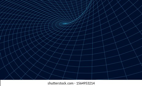 Vortex. Vector Perspective Curved Grid. Wireframe Abstract Tunnel. 3D Vector Wormhole With A Mesh Structure.