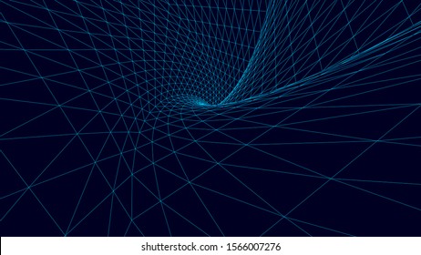 Vortex. Vector perspective curved grid. Wireframe abstract tunnel. 3D vector wormhole with a mesh structure.