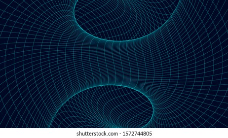 Vortex. Vector perspective curved grid. Wireframe abstract tunnel. 3D vector wormhole with a mesh structure.