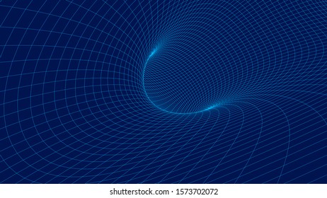 Vortex. Vector perspective curved grid. Wireframe abstract tunnel. 3D vector wormhole with a mesh structure.