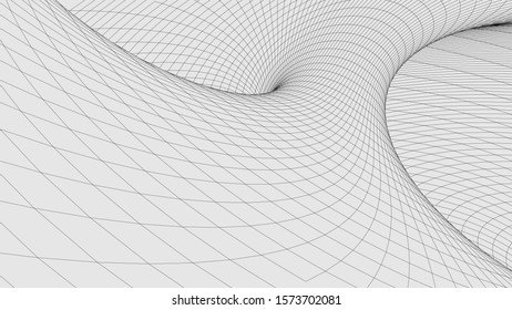 Vortex. Vector Perspective Curved Grid. Wireframe Abstract Tunnel. 3D Vector Wormhole With A Mesh Structure.