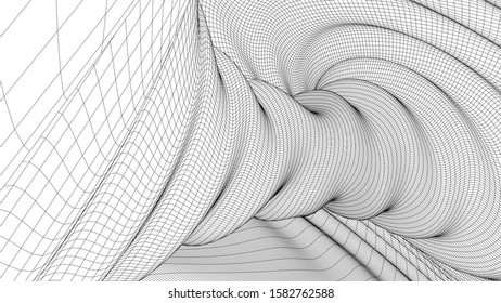 Vortex. Vector perspective curved grid. Wireframe abstract tunnel. 3D vector wormhole with a mesh structure.