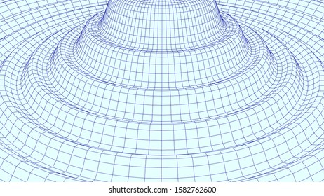 Vortex. Vector perspective curved grid. Wireframe abstract tunnel. 3D vector wormhole with a mesh structure.