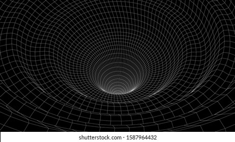 Vortex. Vector perspective curved grid. Wireframe abstract tunnel. 3D vector wormhole with a mesh structure.