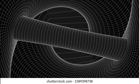 Vortex. Vector perspective curved grid. Wireframe abstract tunnel. 3D vector wormhole with a mesh structure.