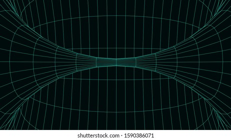 Vortex. Vector perspective curved grid. Wireframe abstract tunnel. 3D vector wormhole with a mesh structure.