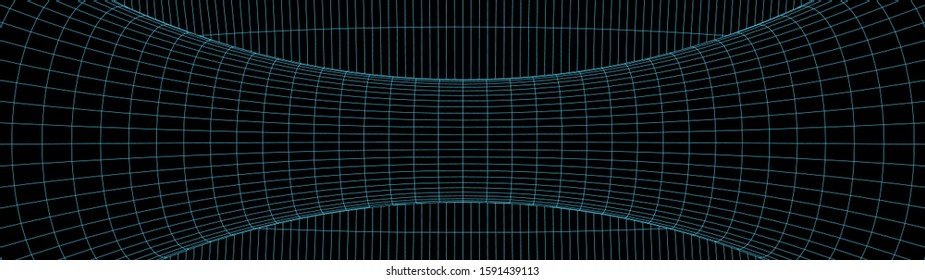 Vortex. Vector perspective curved grid. Wireframe abstract tunnel. 3D vector wormhole with a mesh structure.