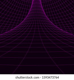 Vortex. Vector perspective curved grid. Wireframe abstract tunnel. 3D vector wormhole with a mesh structure.