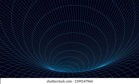 Vortex. Vector perspective curved grid. Wireframe abstract tunnel. 3D vector wormhole with a mesh structure.