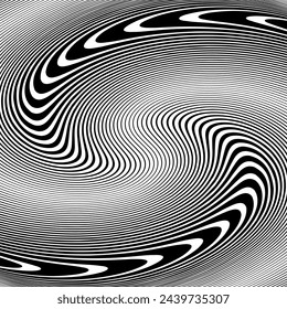 Vortex Whirl Movement Design. Líneas Onduladas De Semitono Op Art Pattern. Ilusión 3D. Fondo blanco y negro texturizado abstracto. Ilustración vectorial.