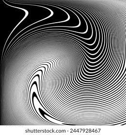 Vortex Whirl Movement Design. Wavy Lines Halftone Op Art Pattern. 3D Illusion. Abstract Textured Black and White Background. Vector Illustration.