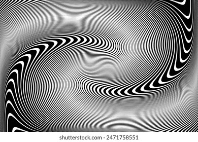 Vortex Whirl Movement Design. Wavy Lines Halftone Op Art Pattern. 3D Illusion. Abstract Textured Black and White Background. Vector Illustration.