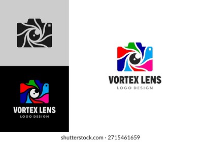 Logotipo de fotografia inspirado em Vortex com lente e silhueta de câmera para serviços profissionais de fotografia.