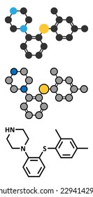 Vortioxetine antidepressant drug molecule. Conventional skeletal formula and stylized representations. 