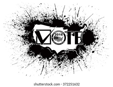 Vote 2016 Presidential Election USA Map Outline Grunge Ink Paint Splatter Abstract Black Isolated on White Background Vector Illustration