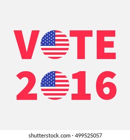 Vote 2016 red text Blue badge button icon with American flag Star and strip President election day. Voting concept. Isolated White background Card Flat design Vector illustration