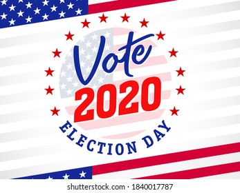 Vote 2020 election day, round emblem banner. USA Presidential election with American flag. US president debate, voting badge vector template
