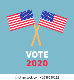 Vote 2020. President election day. Voting concept. Two crossed american flag set. Flat design. Invitation card. Isolated. Blue background. Vector illustration