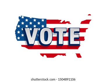 Vote 2020 in USA, banner design. American flag patriotic background election day. Usa debate of president voting. Political election campaign. Silhouette of USA country flag logo.