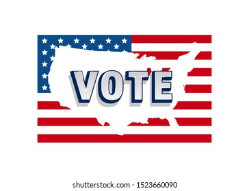 Vote 2020 in USA, banner design. American flag patriotic background election day. Usa debate of president voting. Election voting poster. Silhouette of USA country flag logo.