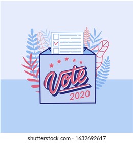 Vote 2020 in USA, banner design. Election day. President voting, Online vote, electronic voting. Big ballot box with leaves. Vote landing page template, flyer, logo, poster.