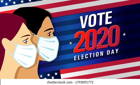 Vote 2020 in USA, blue stripes banner with people on flag. American patriotic background election day. Usa debate of president voting. Election voting poster vector template