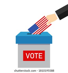 Votación 2020 en Estados Unidos. Papeleta y urna para las elecciones presidenciales. El votante de mano con tarjeta es un símbolo de democracia. Icono del día de las elecciones. Ponga el sobre en la caja. Senado, política, congreso, candidatos. Vector.