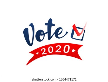 Vote 2020 in USA. Political election campaign. Digital drawn calligraphic lettering witn checkmark and red banner with stars isolated on white.