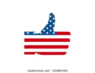 Vote 2020 in USA, thumbs up flag USA silhouette  design. American patriotic background election day. Usa debate of president voting. Election voting poster. Political election campaign.