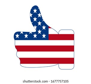 Vote 2020 in USA, thumbs up flag USA silhouette design. American patriotic background election day. Usa debate of president voting. Election voting poster. Political election campaign.