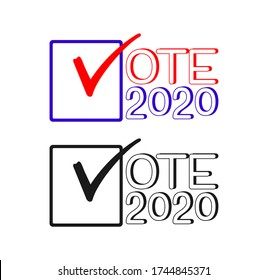 Vote 2020, vector icon election sign. American presidential election 2020. Vote word with check mark in checkbox. Red blue and monochrome, isolated on a white. Political election campaign logo