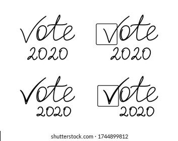 Vote 2020, vector icon election sign. American presidential election 2020. Vote word with check mark in checkbox. Hand drawn lettering text, black isolated on a white background. Voting symbols set