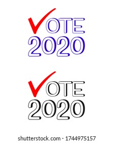Wählen Sie 2020, Vektor Symbol Wahlzeichen. Amerikanische Präsidentschaftswahlen 2020. Wählen Sie Wort mit Häkchen, Kästchen. Auf weißem Hintergrund isoliert. Symbol für die Wahl, Logo für den Wahlkampf