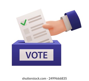 Vote 2024. 3d Realistic Hand in Business Suit Puts Vote Ballot into Voting Box. Election and Democracy. Vector Illustration. 