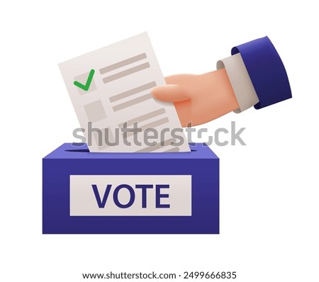 Vote 2024. 3d Realistic Hand in Business Suit Puts Vote Ballot into Voting Box. Election and Democracy. Vector Illustration. 