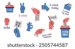 Vote 2024. Election campaign. Set hands and of motivation phrases. USA voting concept. Politics stickers. Red and blue colours. 