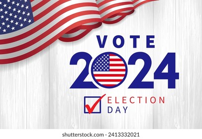 Vote 2024 Election day with 3d flag USA. President voting 2024. Election voting poster or banner design. Political election campaign