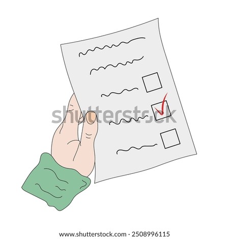 Vote 2024, election voting process, hand holding 
ballot paper. Vector illustration in flat style.