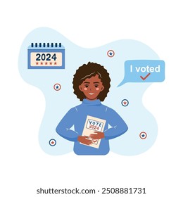 Vote 2024. Girl hugging Vote ballot. People voting. Element for election design. Isolated vector illustration.
