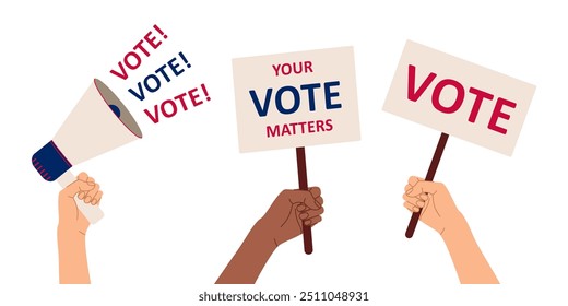 Vote 2024. Hands holding megaphone and banner with word vote and your vote matters. Election campaign. Flat isolated vector illustration