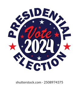 Logo, insignia, etiqueta, sello de Vote 2024. Elección presidencial de Estados Unidos 2024 Anuncio, cartel, tarjeta de felicitación. Anuncio de campaña electoral política. Texto rojo y azul con estrellas.