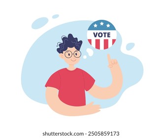 Vote 2024 man with a voting pin. Election campaign concept, vector illustration in flat style