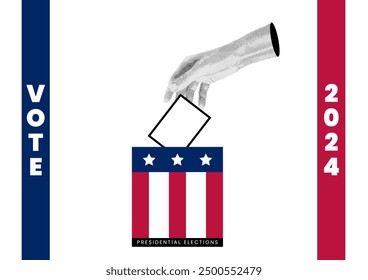 Vote 2024. Presidential Election. Halftone collage of a womans hand lowering a ballot, a sheet of white paper into a ballot box in the colors of the American flag