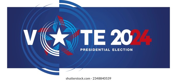 Vote 2024 Presidential Election in USA, Political election campaign emblem logo on blue and white background banner. USA Presidential Election 2024. USA star with american flag colors and symbols