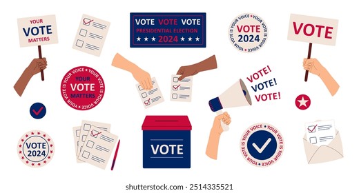 Vote 2024 set. Election campaign. Voting concept stickers. Flat isolated vector illustration